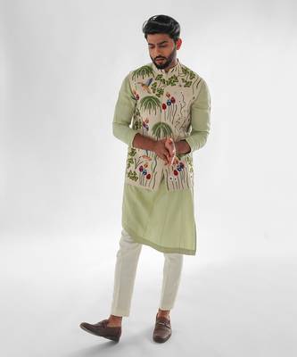 Cream & mint green woodpecker nehru jacket set 2