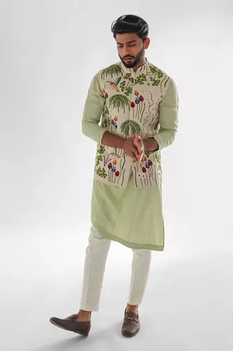 Cream & mint green woodpecker nehru jacket set