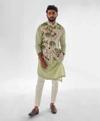 Cream & mint green woodpecker nehru jacket set 3