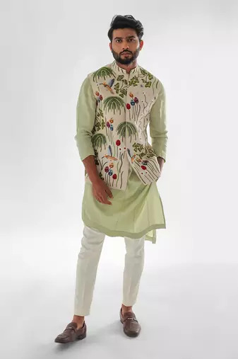 Cream & mint green woodpecker nehru jacket set
