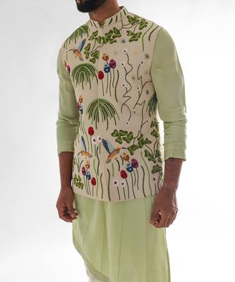 Cream & mint green woodpecker nehru jacket set 4
