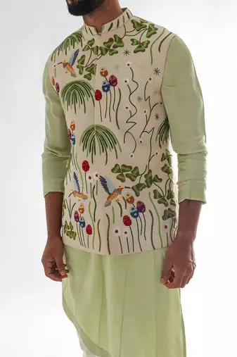 Cream & mint green woodpecker nehru jacket set