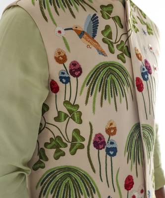 Cream & mint green woodpecker nehru jacket set 5