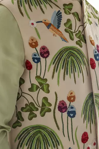 Cream & mint green woodpecker nehru jacket set