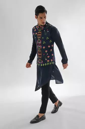 Midnight blue nehru jacket set