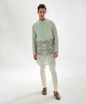 Powder green jungle nehru jacket set 1