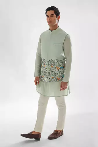 Powder green jungle nehru jacket set