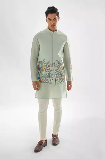 Powder green jungle nehru jacket set