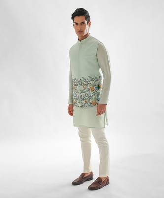 Powder green jungle nehru jacket set 4