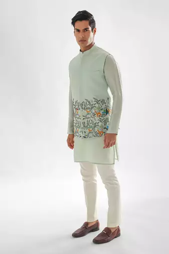 Powder green jungle nehru jacket set