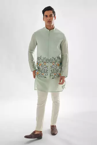 Powder green jungle nehru jacket set