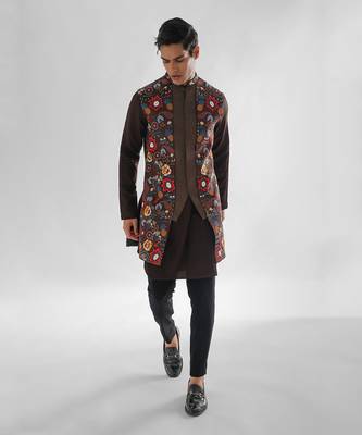Chocolate brown cosmos nehru jacket set 1