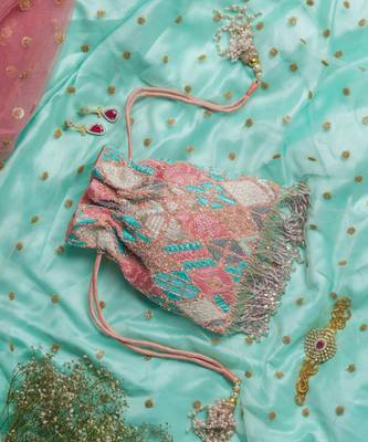 Pink raw silk potli bag 1