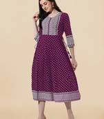 Wine, White Jaipuri Foil Printed Mirror Work Rayon Kurta.