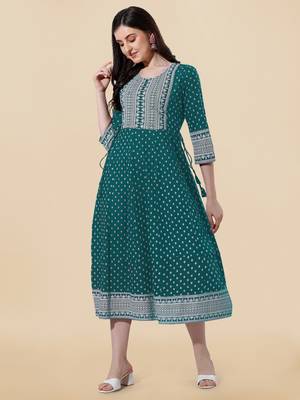 Sea Green, White Jaipuri Foil Printed Mirror Work Rayon Kurta. 1