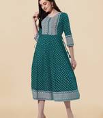 Sea Green, White Jaipuri Foil Printed Mirror Work Rayon Kurta.