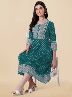 Sea Green, White Jaipuri Foil Printed Mirror Work Rayon Kurta. 2