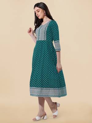 Sea Green, White Jaipuri Foil Printed Mirror Work Rayon Kurta. 3