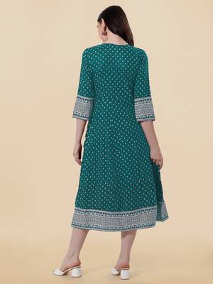 Sea Green, White Jaipuri Foil Printed Mirror Work Rayon Kurta. 4