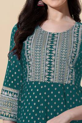 Sea Green, White Jaipuri Foil Printed Mirror Work Rayon Kurta. 5