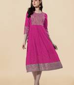 Pink, Golden Jaipuri Foil Printed Mirror Work Rayon Kurta.