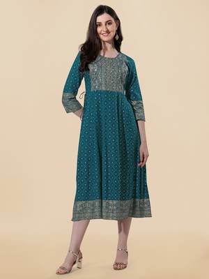 Turquoise, Golden Jaipuri Foil Printed Mirror Work Rayon Kurta. 1