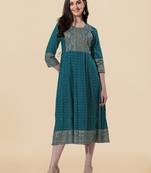 Turquoise, Golden Jaipuri Foil Printed Mirror Work Rayon Kurta.