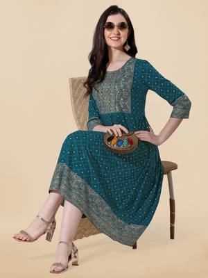 Turquoise, Golden Jaipuri Foil Printed Mirror Work Rayon Kurta. 2