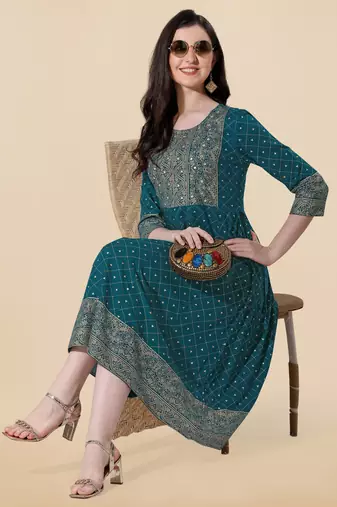 Turquoise, Golden Jaipuri Foil Printed Mirror Work Rayon Kurta.