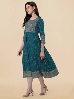 Turquoise, Golden Jaipuri Foil Printed Mirror Work Rayon Kurta. 3