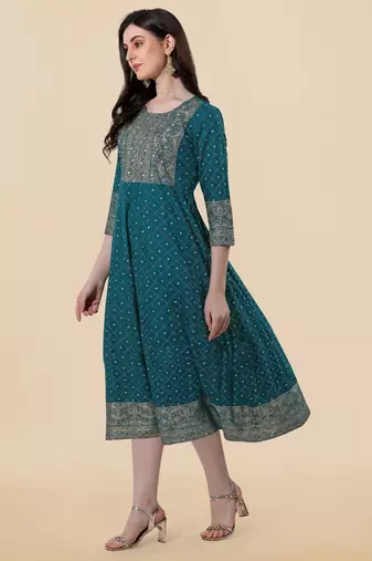 Turquoise, Golden Jaipuri Foil Printed Mirror Work Rayon Kurta.