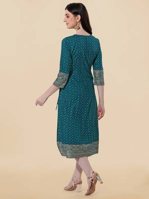 Turquoise, Golden Jaipuri Foil Printed Mirror Work Rayon Kurta. 4