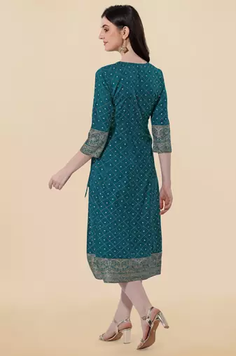 Turquoise, Golden Jaipuri Foil Printed Mirror Work Rayon Kurta.