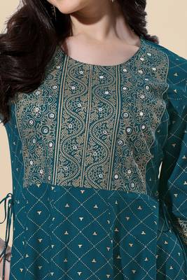 Turquoise, Golden Jaipuri Foil Printed Mirror Work Rayon Kurta. 5