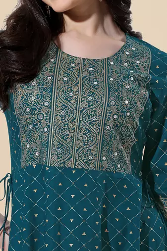 Turquoise, Golden Jaipuri Foil Printed Mirror Work Rayon Kurta.