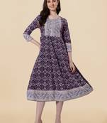 Wine, White Jaipuri Foil Printed Mirror Work Rayon Kurta.