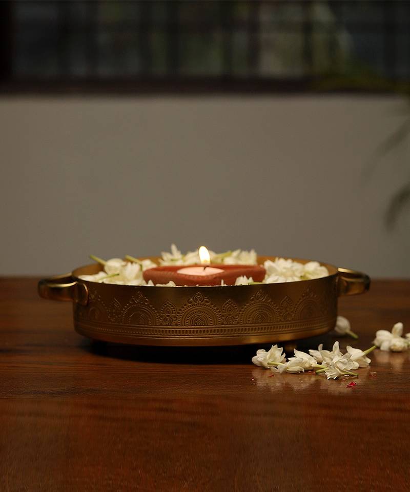 Dohar Brass Plated Candle Tray With Handle