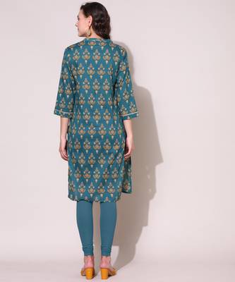 Anushil women cotton cambric v neck 3/4th sleeves printed kurti with golden lace work 2
