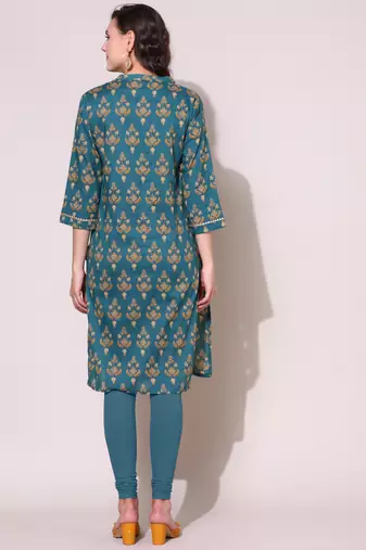 Anushil women cotton cambric v neck 3/4th sleeves printed kurti with golden lace work