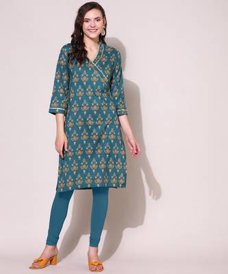 Anushil women cotton cambric v neck 3/4th sleeves printed kurti with golden lace work 3