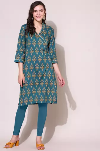 Anushil women cotton cambric v neck 3/4th sleeves printed kurti with golden lace work