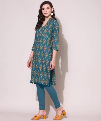 Anushil women cotton cambric v neck 3/4th sleeves printed kurti with golden lace work 4