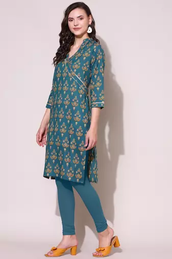 Anushil women cotton cambric v neck 3/4th sleeves printed kurti with golden lace work
