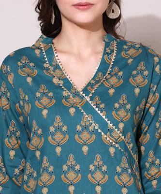 Anushil women cotton cambric v neck 3/4th sleeves printed kurti with golden lace work 5