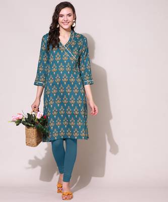 Anushil women cotton cambric v neck 3/4th sleeves printed kurti with golden lace work 1