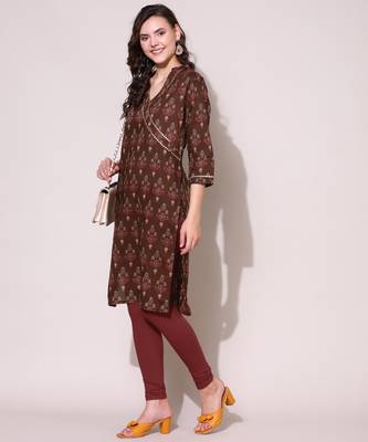 Anushil women cotton cambric v neck 3/4th sleeves printed kurti with golden lace work 1