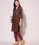 Anushil women cotton cambric v neck 3/4th sleeves printed kurti with golden lace work