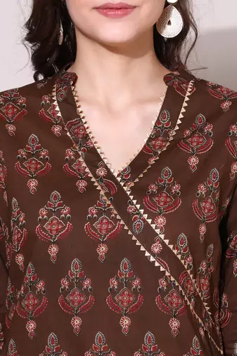 Anushil women cotton cambric v neck 3/4th sleeves printed kurti with golden lace work