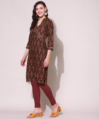 Anushil women cotton cambric v neck 3/4th sleeves printed kurti with golden lace work 3