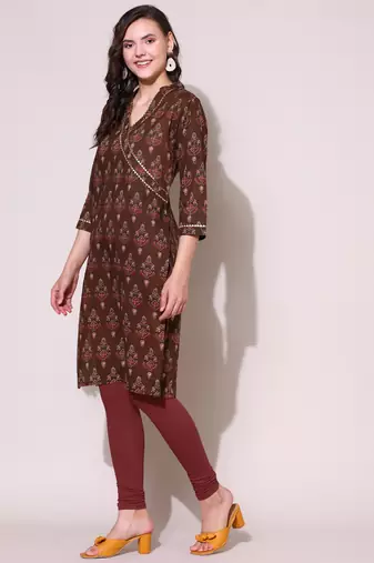Anushil women cotton cambric v neck 3/4th sleeves printed kurti with golden lace work
